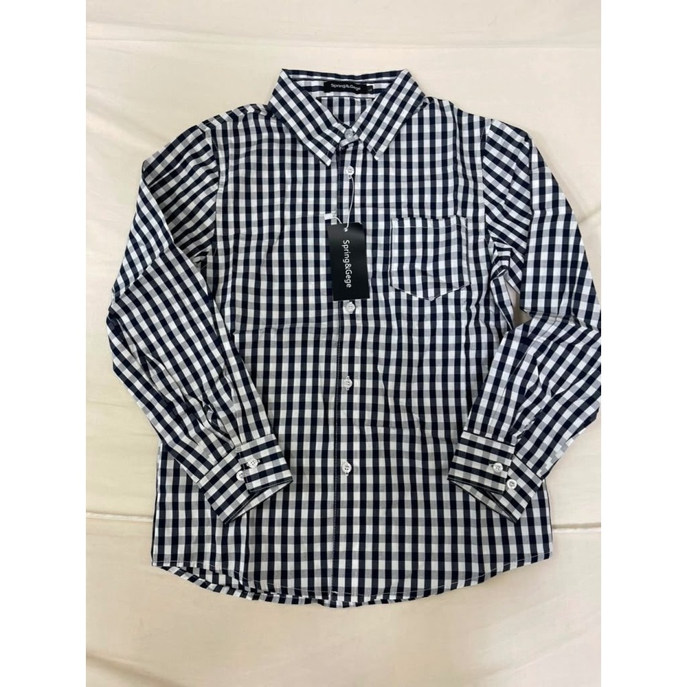 Spring&Gege Boys Navy White Gingham Button Down Shirt Long Sleeve Size L 9-10Y